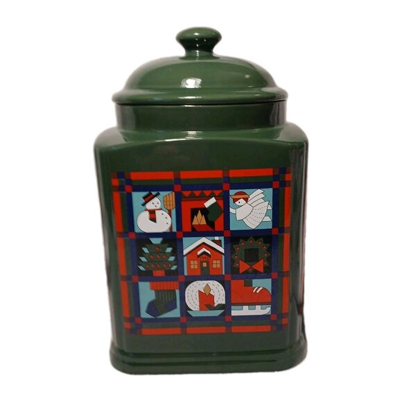Dayton Hudson Green Christmas Cookie Jar Quilt Blocks Vintage Ceramic 9 3/4" - Picture 1 of 12